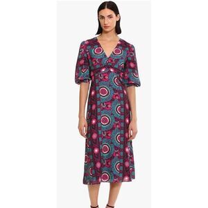 Donna Morgan Women's V-Neck Georgette Dress with Puff Sleeves